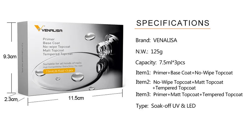 Venalisa-Kit de esmalte de uñas en Gel, capa Base de imprimación sin ácido, LED UV de larga duración, sin toallita, capa superior templada, 7,5 ml