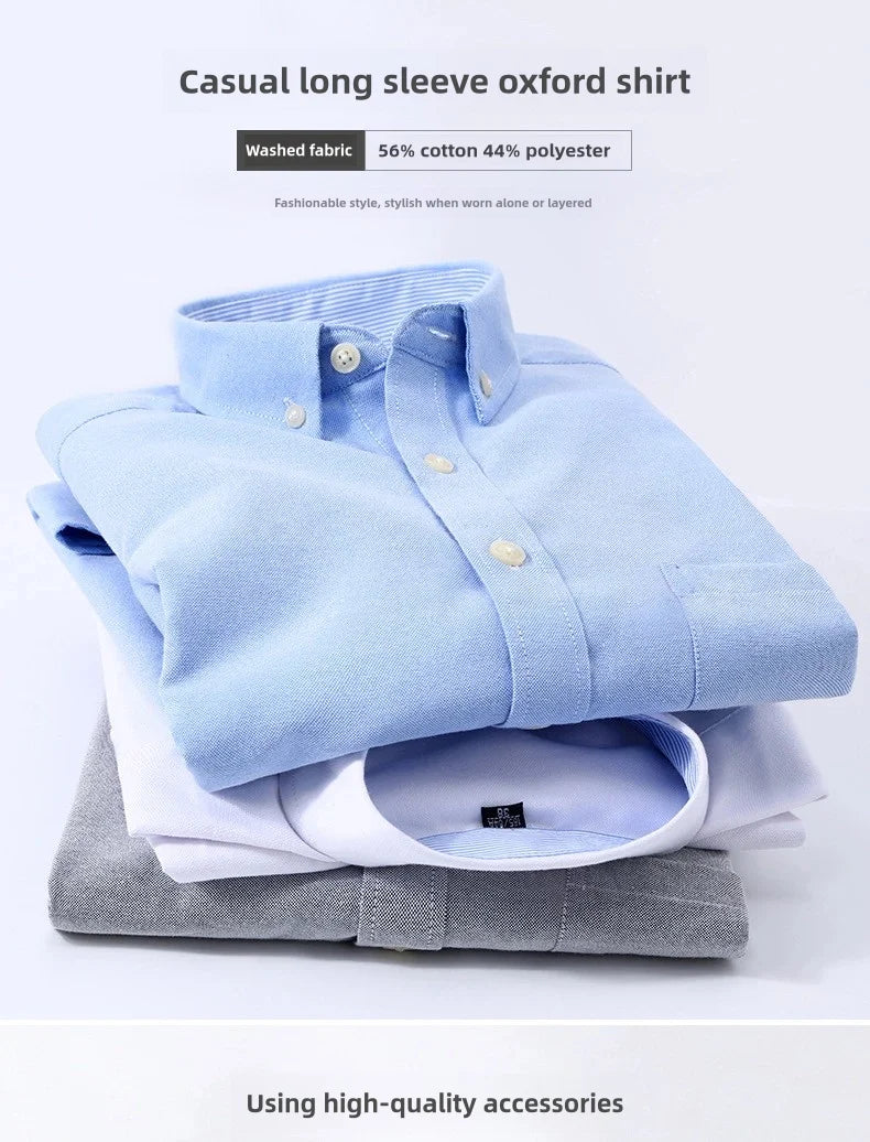 Camisa de Manga Larga para Hombre, Primavera, Verano, Otoño, Invierno, Oxford, Tejido Oxford, Corte Slim, Sin Plancha, Cómoda, Suave, Informal, a la Moda, Sencilla, para el Trabajo