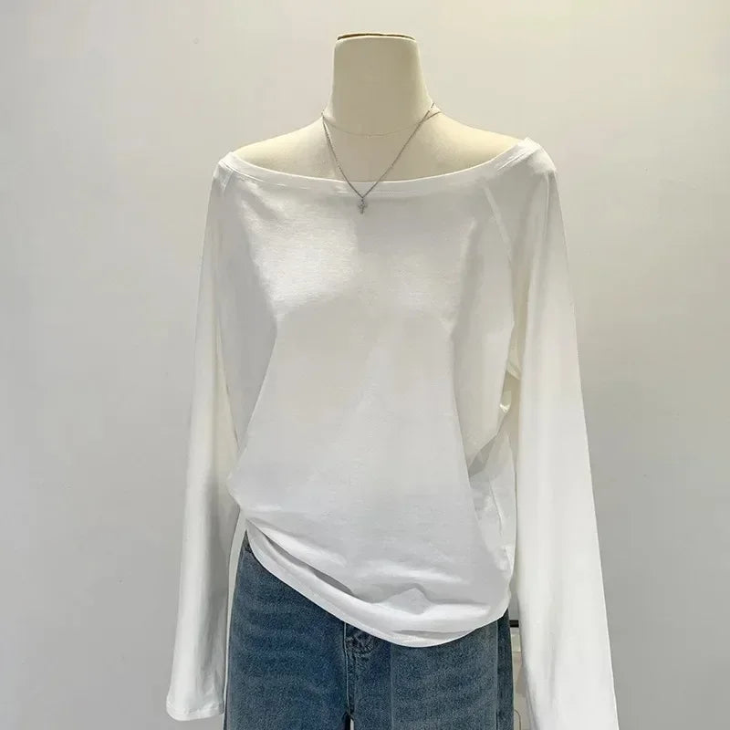 Otoño Invierno un hombro algodón manga larga hombro inclinado ropa de mujer estilo Interior ancho trufa hombro Base camisa