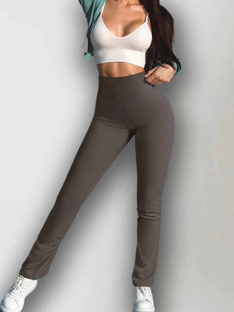 Leggings Sólidos para Mujer, Pantalones de Yoga de Punto Sin Costuras, Pantalones Acampanados, Leggings Deportivos Casuales Ajustados de Cintura Alta con Efecto Levanta Glúteos
