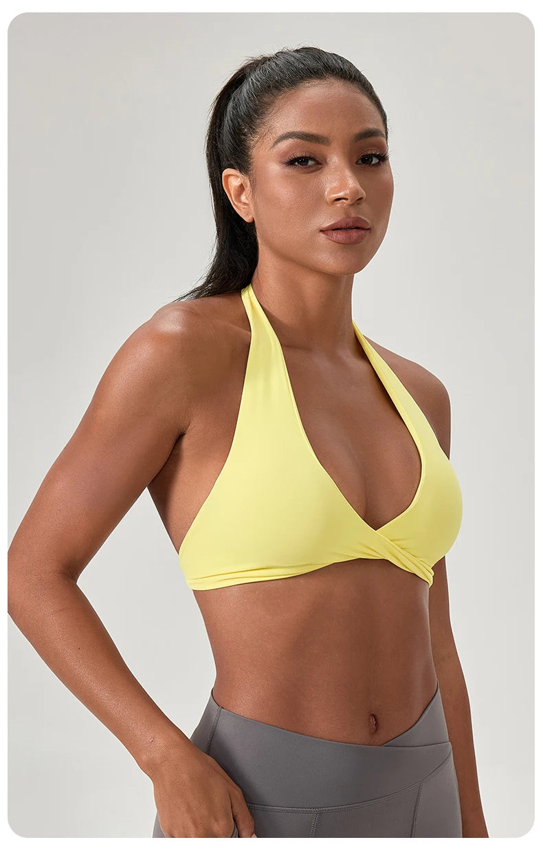 Sujetador deportivo de yoga para mujer, cuello halter con diseño de espalda elegante, sujetador de gimnasio sexy para correr, sujetadores deportivos de fitness