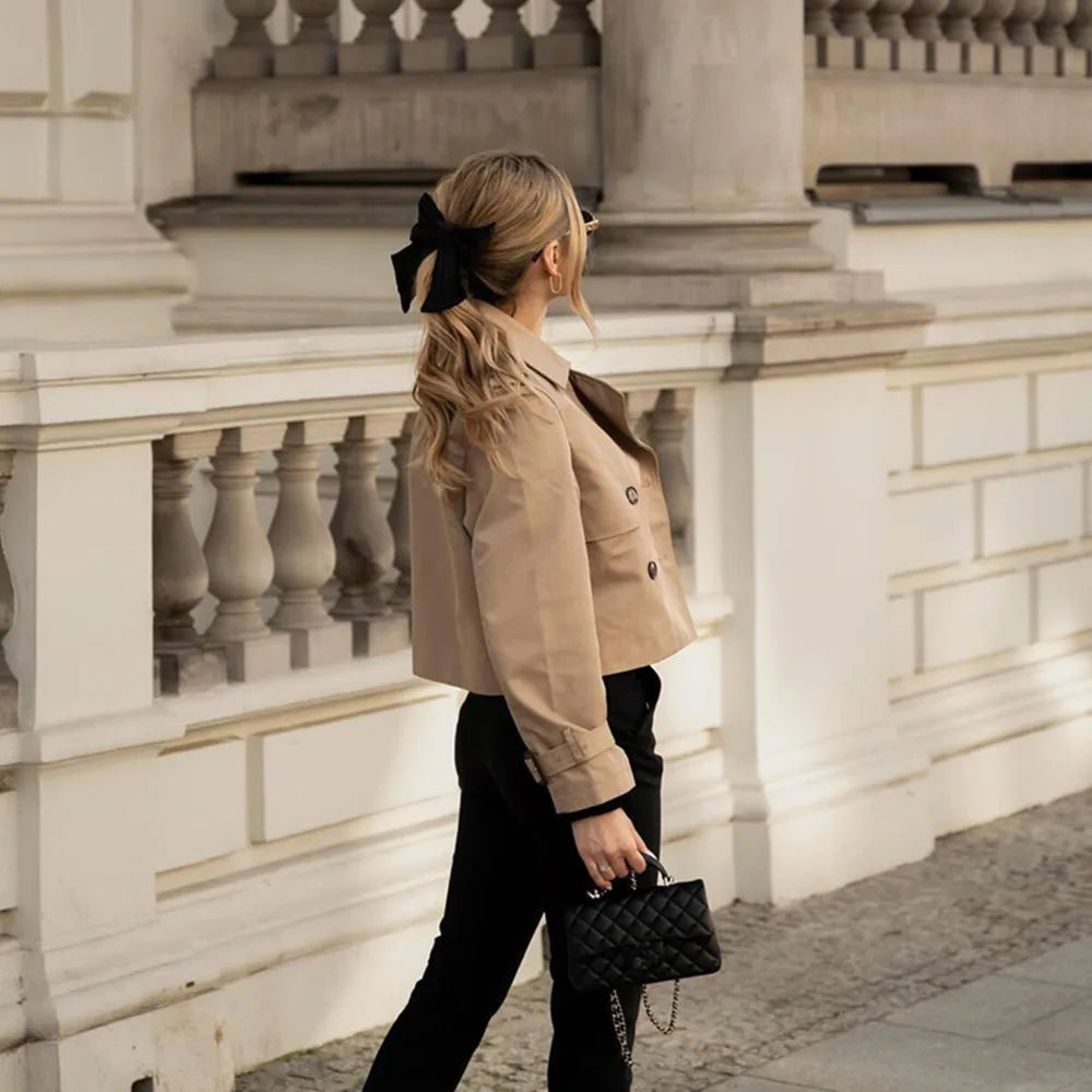 Gabardina recortada Vintage para mujer, chaqueta de primavera y otoño, ropa de calle para mujer, Top de manga larga con doble botonadura, trajes de abrigo elegantes para mujer