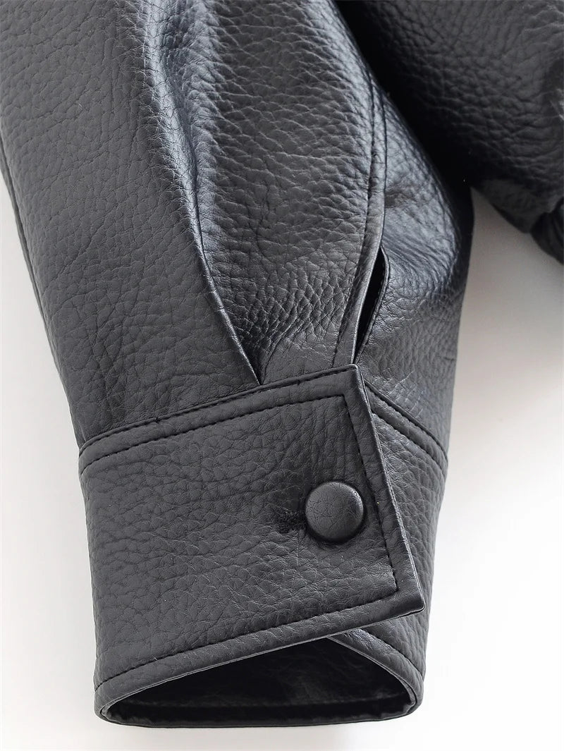 Chaqueta de Mujer Otoño 2026, Nueva Chaqueta Negra de Manga Larga de Cuero Sintético con Textura Granulada, Estilo Motociclista, a la Moda y con Personalidad