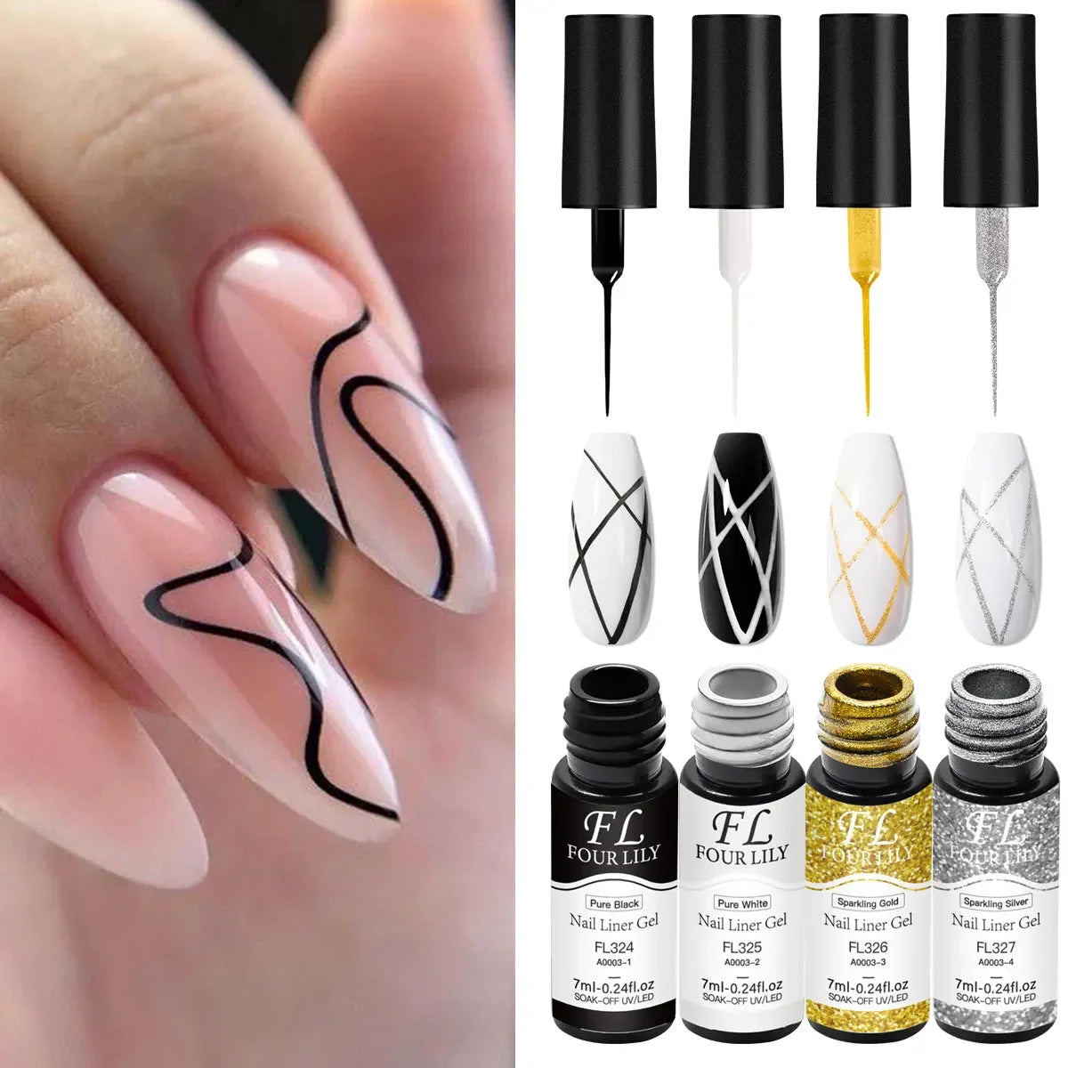 Kit de esmalte de Gel para delineador de uñas, 4 Uds., negro, blanco, dorado, plateado, suministros para uñas DIY, diseño de manicura Vernis, pintura de dibujo UV/LED, pegamento de Gel