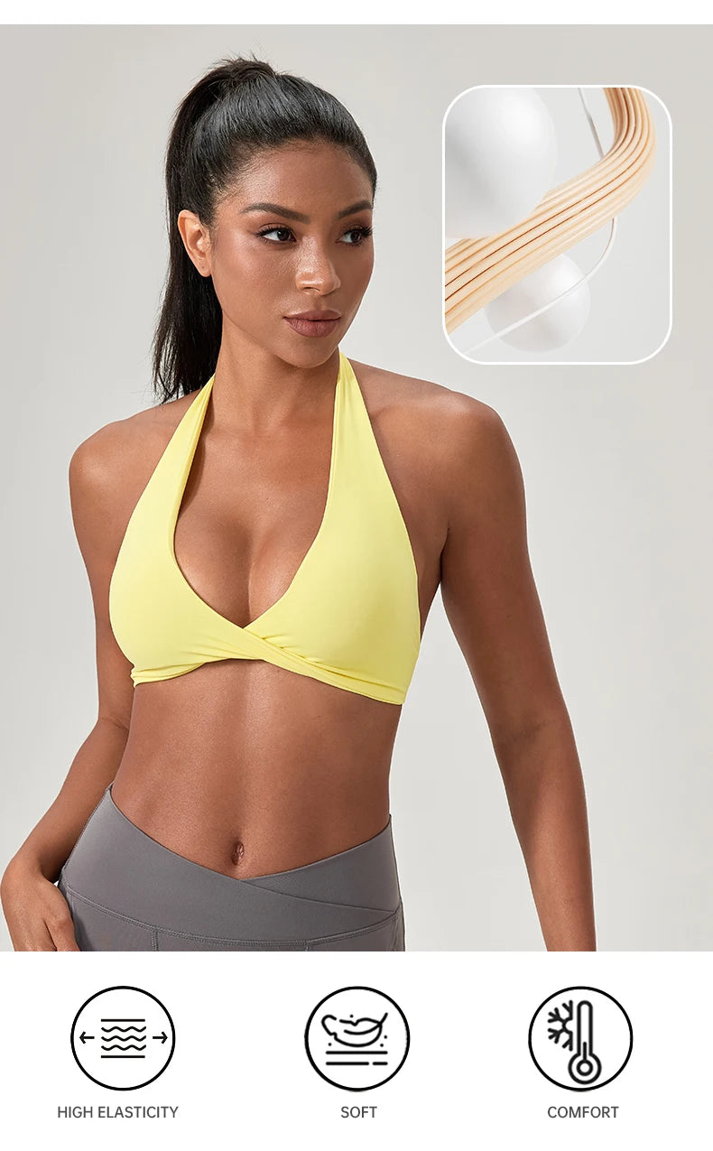 Sujetador deportivo de yoga para mujer, cuello halter con diseño de espalda elegante, sujetador de gimnasio sexy para correr, sujetadores deportivos de fitness