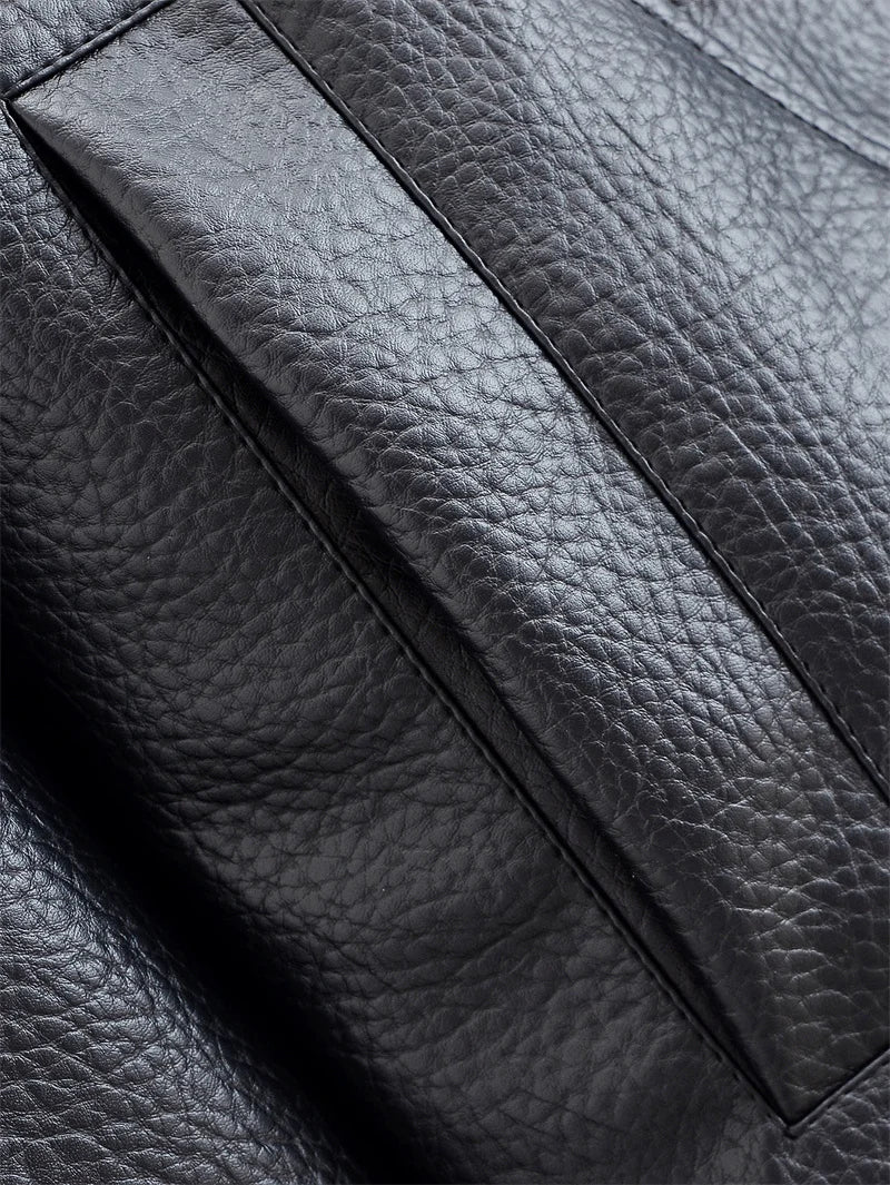 Chaqueta de Mujer Otoño 2026, Nueva Chaqueta Negra de Manga Larga de Cuero Sintético con Textura Granulada, Estilo Motociclista, a la Moda y con Personalidad