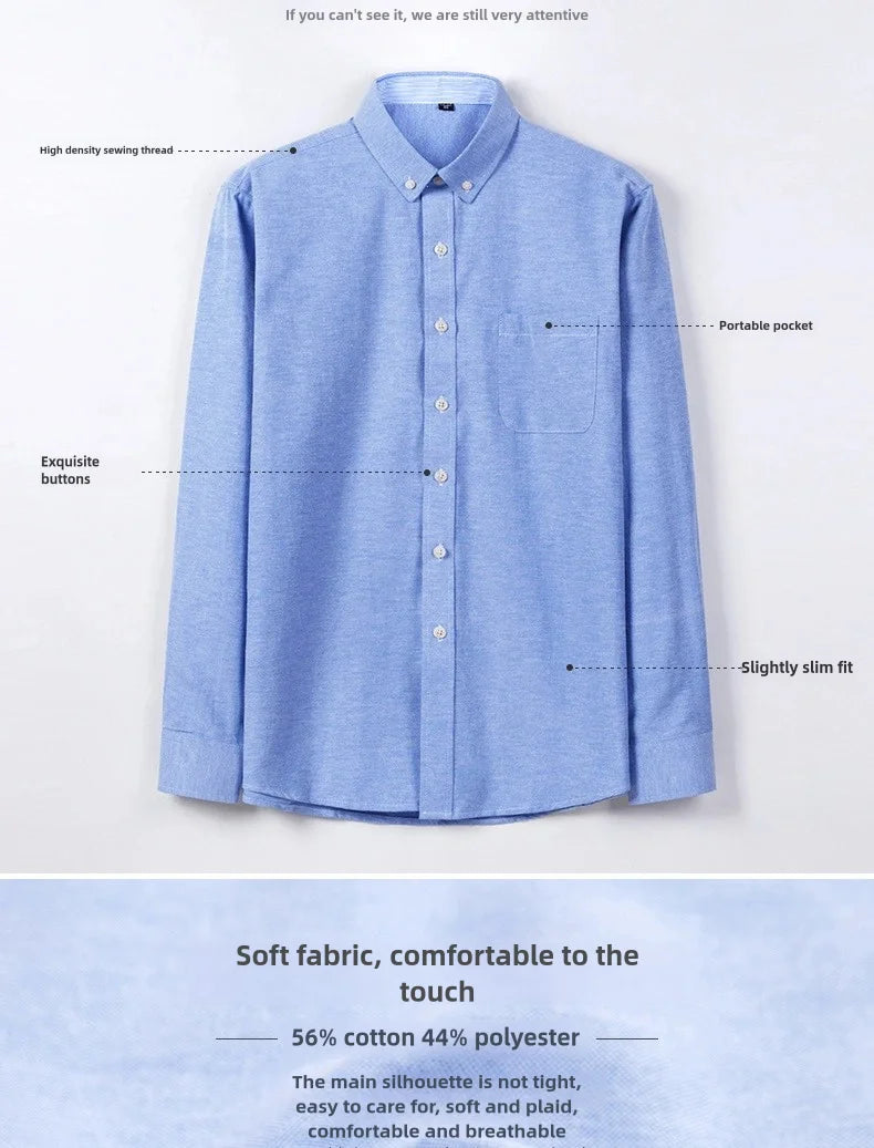 Camisa de Manga Larga para Hombre, Primavera, Verano, Otoño, Invierno, Oxford, Tejido Oxford, Corte Slim, Sin Plancha, Cómoda, Suave, Informal, a la Moda, Sencilla, para el Trabajo