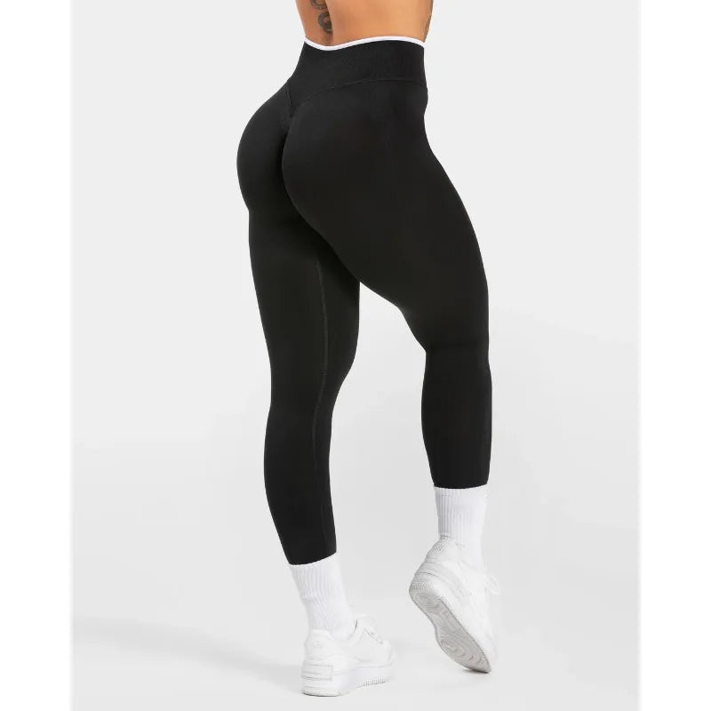Nuevos leggings de yoga para mujer con bloques de color, mallas sin costuras de punto, cintura alta, efecto levantacola, para gimnasio y entrenamiento, con borde blanco, leggings deportivos.