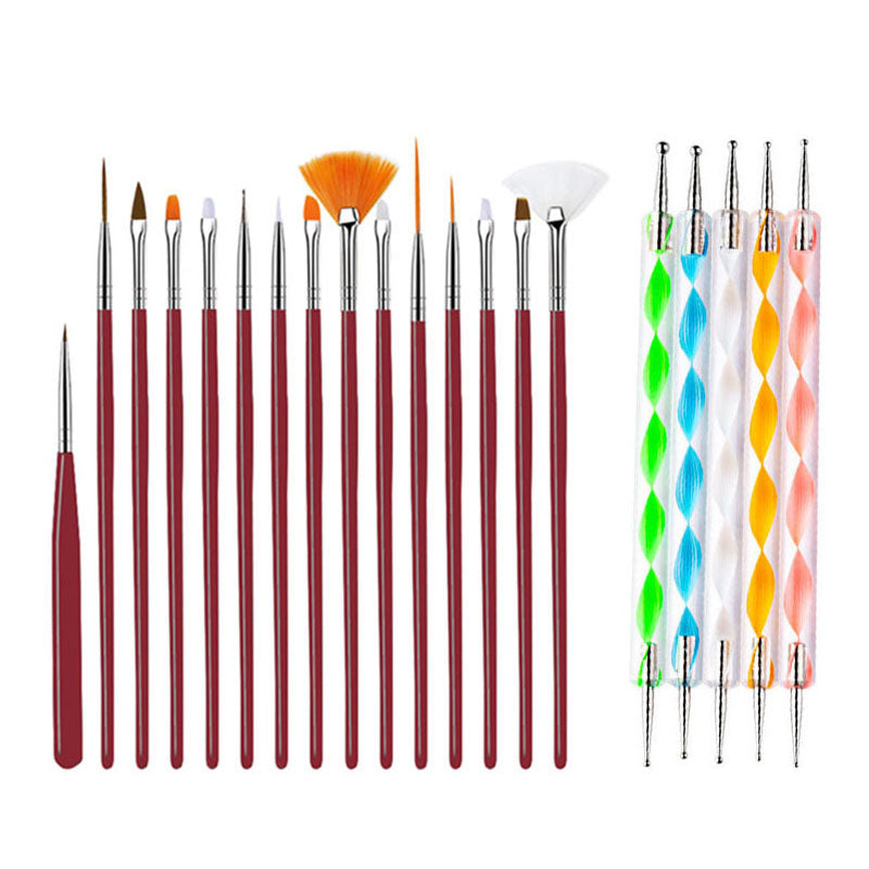 Juego de pinceles para decoración de uñas, 20/15 unidades, polvo líquido para manicura, tallado, esmalte de uñas en Gel UV, pluma de pintura, herramienta de construcción de extensión acrílica para uñas