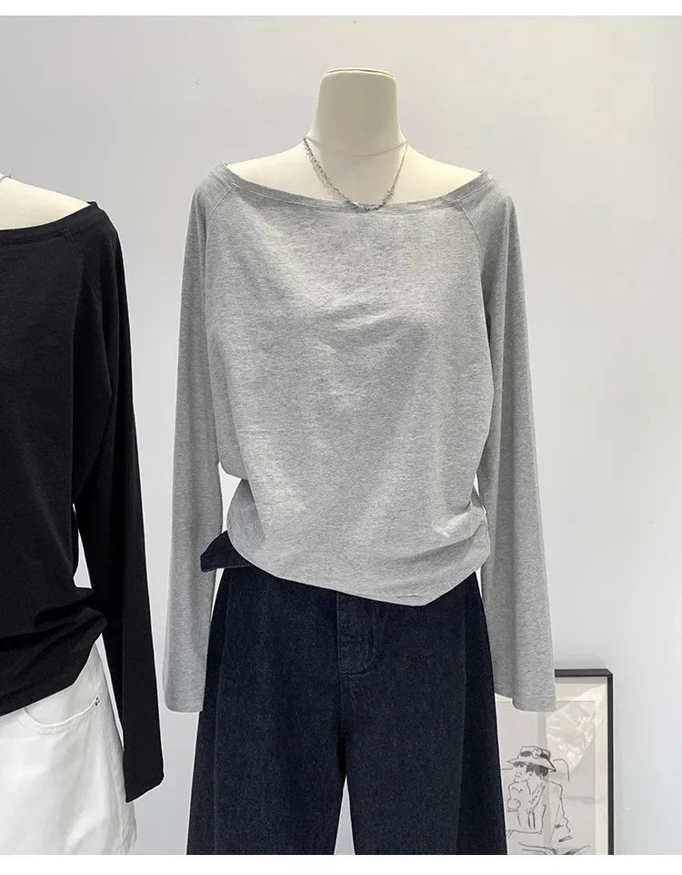 Otoño Invierno un hombro algodón manga larga hombro inclinado ropa de mujer estilo Interior ancho trufa hombro Base camisa
