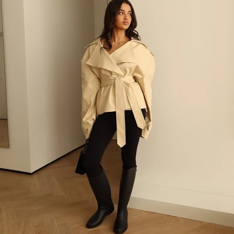 F nueva moda gabardina recortada con cordones para mujer solapa manga larga chaqueta cortavientos con hombros anchos chaquetas diarias para ir al trabajo en otoño