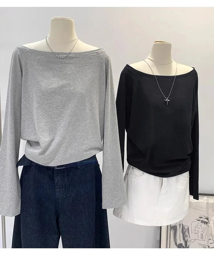 Otoño Invierno un hombro algodón manga larga hombro inclinado ropa de mujer estilo Interior ancho trufa hombro Base camisa