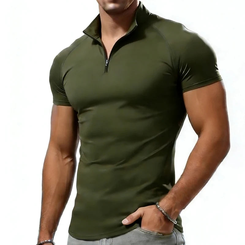 Camiseta de compresión para hombre, de verano, con cuello con cremallera, tops masculinos, camiseta de gimnasio, fitness, ajustada, casual, a la moda