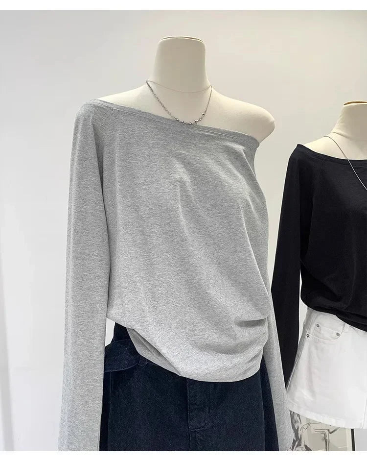 Otoño Invierno un hombro algodón manga larga hombro inclinado ropa de mujer estilo Interior ancho trufa hombro Base camisa