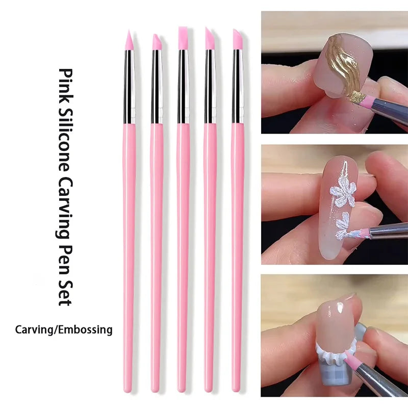Juego de 5 Pinceles de Silicona para Uñas, Esmalte de Gel UV, Pincel para Puntos 3D, Herramientas Profesionales para Manicura DIY