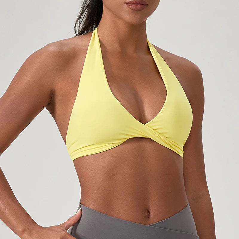 Sujetador deportivo de yoga para mujer, cuello halter con diseño de espalda elegante, sujetador de gimnasio sexy para correr, sujetadores deportivos de fitness