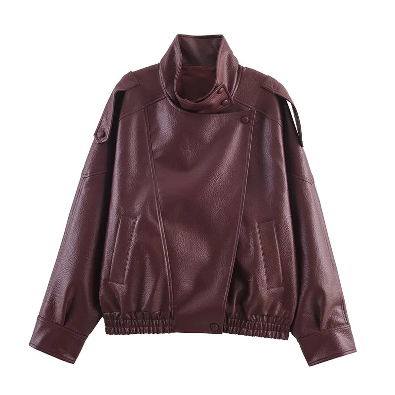 Chaqueta de Mujer Otoño 2026, Nueva Chaqueta Negra de Manga Larga de Cuero Sintético con Textura Granulada, Estilo Motociclista, a la Moda y con Personalidad
