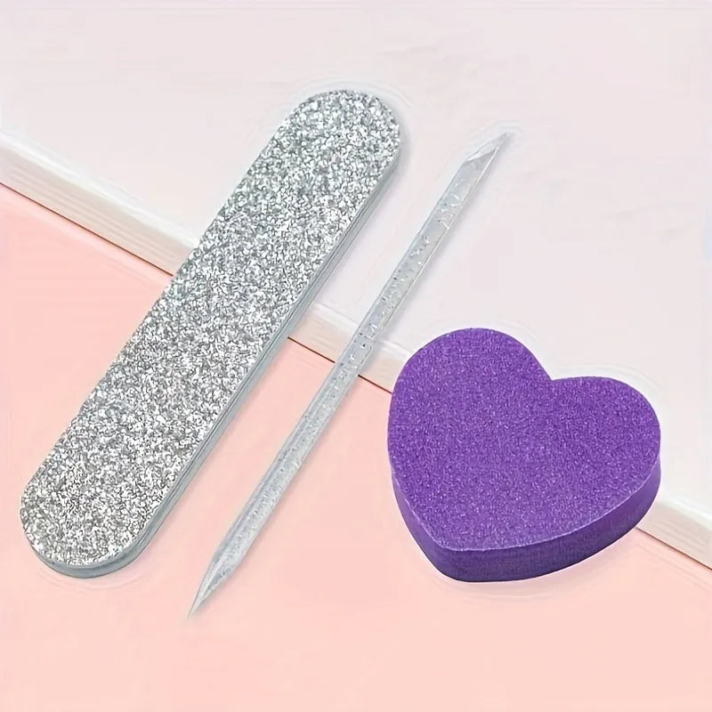 Set de 12 Piezas para el Cuidado de las Uñas con Brillo Rosa - Pulidor en Forma de Corazón, Varilla de Cristal y Lima de Doble Cara para Arte de Uñas y Pedicura