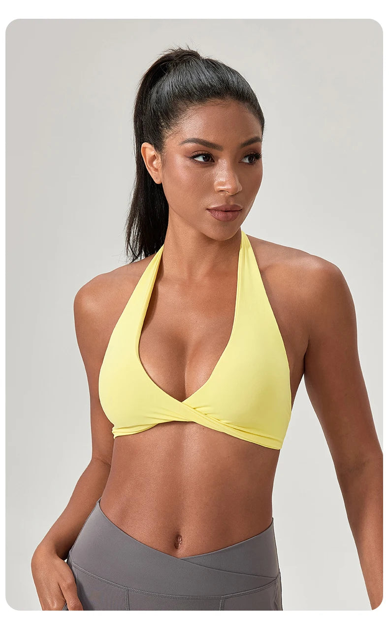 Sujetador deportivo de yoga para mujer, cuello halter con diseño de espalda elegante, sujetador de gimnasio sexy para correr, sujetadores deportivos de fitness