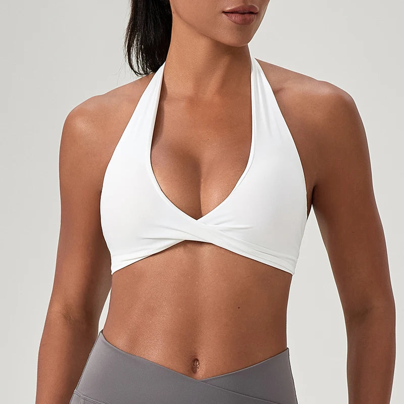 Sujetador deportivo de yoga para mujer, cuello halter con diseño de espalda elegante, sujetador de gimnasio sexy para correr, sujetadores deportivos de fitness