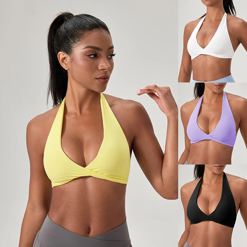 Sujetador deportivo de yoga para mujer, cuello halter con diseño de espalda elegante, sujetador de gimnasio sexy para correr, sujetadores deportivos de fitness