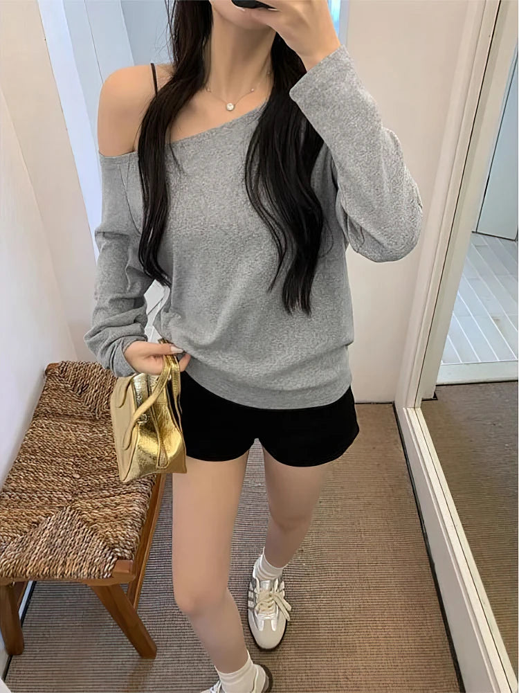 Camiseta de manga larga con hombros descubiertos para mujer, Top holgado Sexy con un hombro al descubierto, camisetas básicas informales, blusa Preppy escolar para primavera y otoño