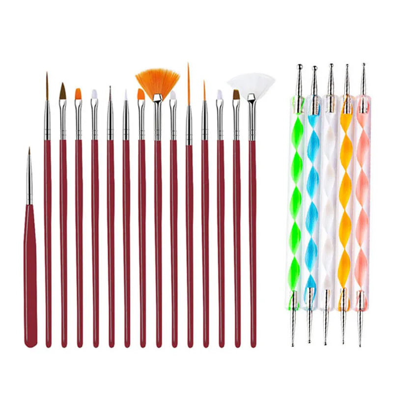 Juego de pinceles para decoración de uñas, 20/15 unidades, polvo líquido para manicura, tallado, esmalte de uñas en Gel UV, pluma de pintura, herramienta de construcción de extensión acrílica para uñas
