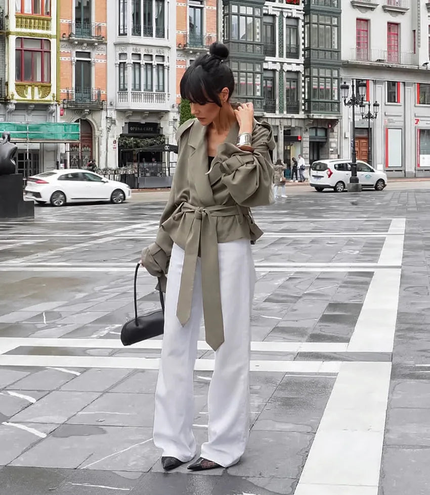 Gabardina lisa con cordones y solapa para mujer, abrigo corto holgado a la moda con mangas largas y hombros anchos, prendas de vestir para ir al trabajo de otoño 2025