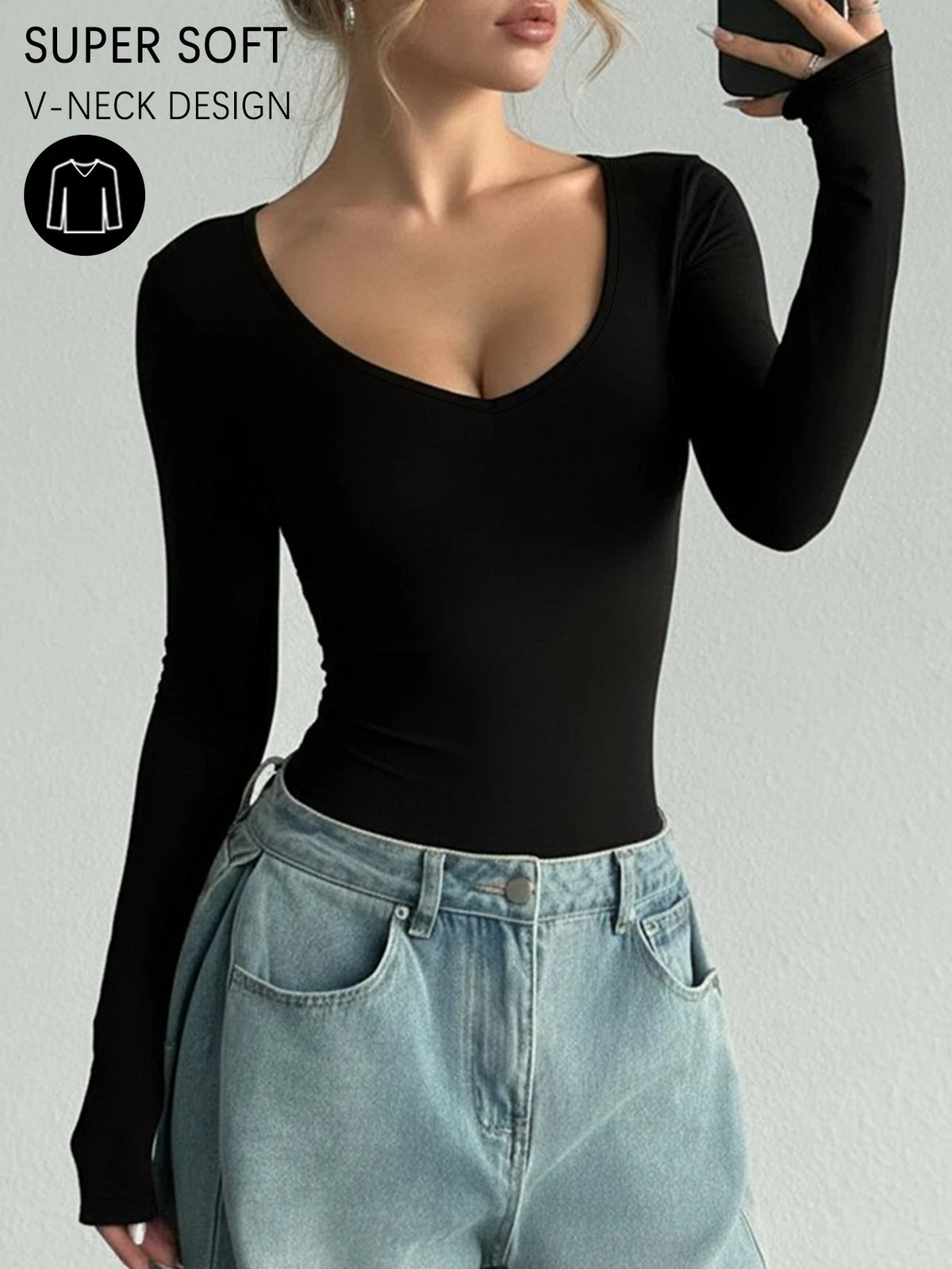 Camiseta de manga larga para mujer, cuello en V súper suave y muy elástico, ajuste para todas las estaciones