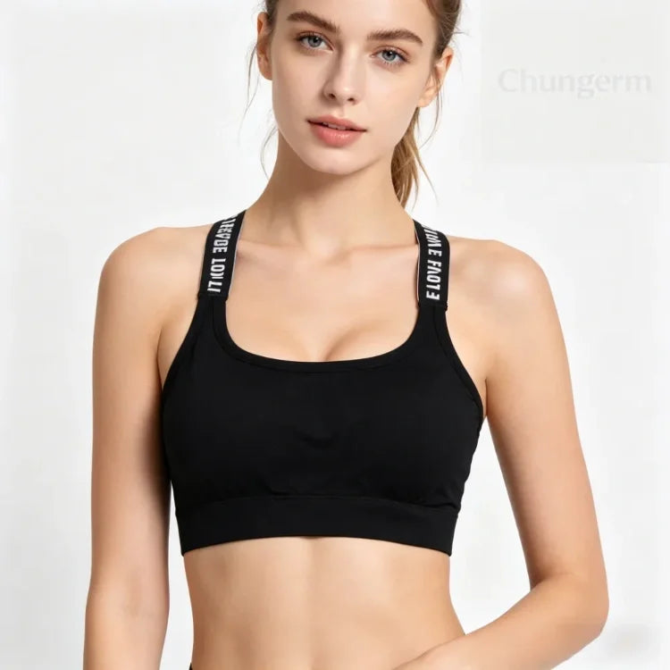Ropa interior deportiva para mujer, top corto sin costuras para yoga y fitness, con tirantes anchos con letras, cómodo para entrenamiento, ropa deportiva sin aros en la espalda