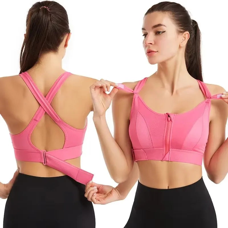 Sujetadores deportivos para mujer, cremallera frontal, correa ajustable, elástico a prueba de golpes, sujetador atlético para Fitness, Top corto ajustado para Yoga
