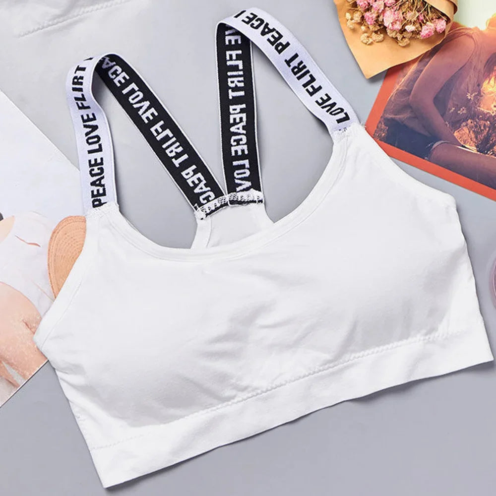 Ropa interior deportiva para mujer, top corto sin costuras para yoga y fitness, con tirantes anchos con letras, cómodo para entrenamiento, ropa deportiva sin aros en la espalda