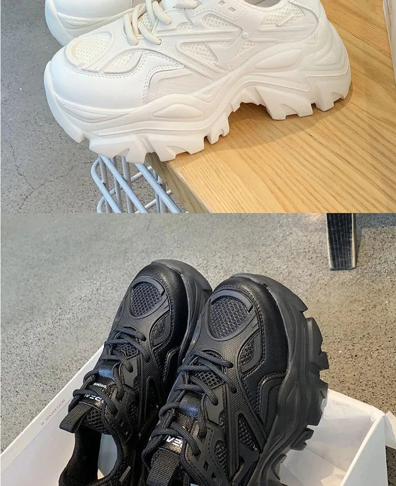 Nuevos zapatos deportivos de plataforma a la moda para mujer, zapatillas gruesas informales negras de verano 20224, zapatos de plataforma de cuero de malla para mujer