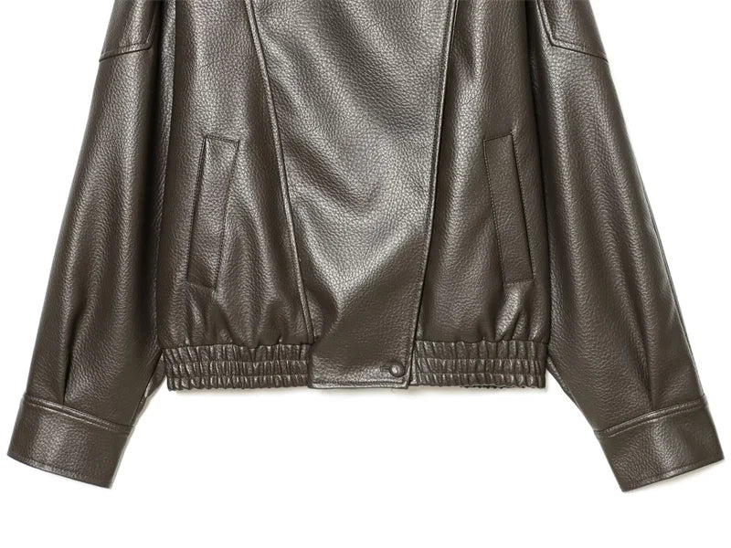 Chaqueta de Mujer Otoño 2026, Nueva Chaqueta Negra de Manga Larga de Cuero Sintético con Textura Granulada, Estilo Motociclista, a la Moda y con Personalidad