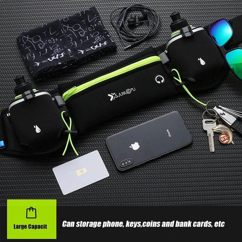 Riñonera deportiva para hombre/mujer, riñonera para correr, maratón, botella de agua para teléfono, riñonera deportiva, cinturón para correr con dos bolsillos