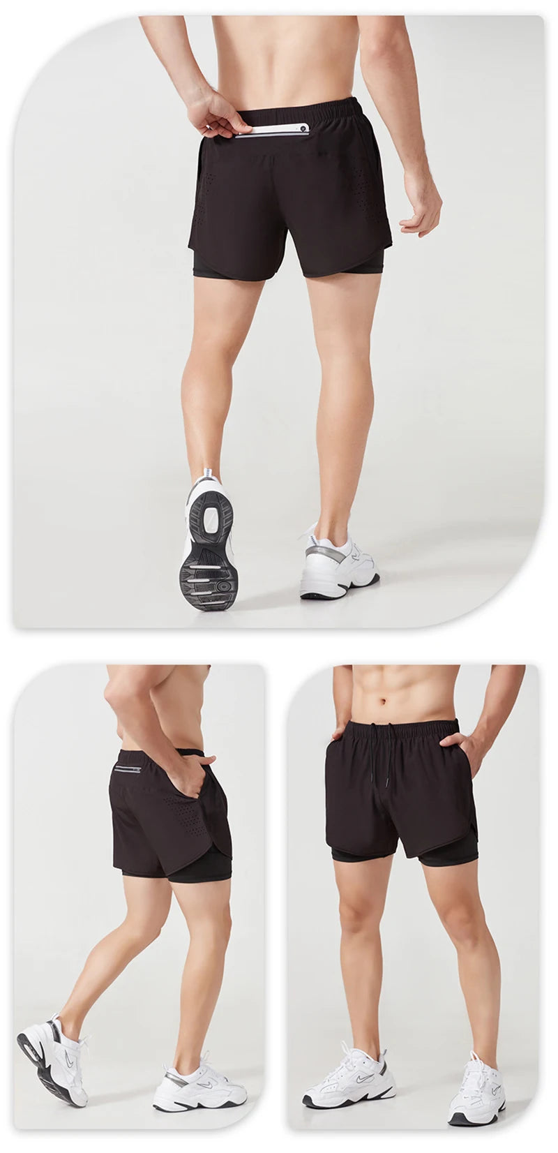 Pantalones cortos para correr para hombre, pantalones cortos negros de doble capa para Fitness de secado rápido, nuevos pantalones cortos deportivos para entrenamiento y culturismo