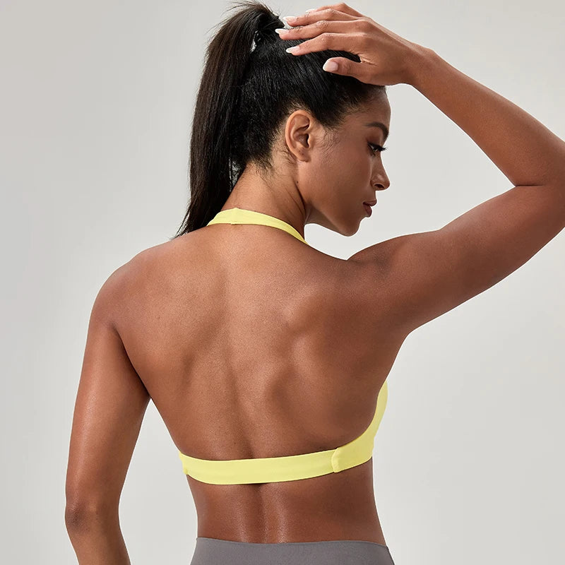 Sujetador deportivo de yoga para mujer, cuello halter con diseño de espalda elegante, sujetador de gimnasio sexy para correr, sujetadores deportivos de fitness