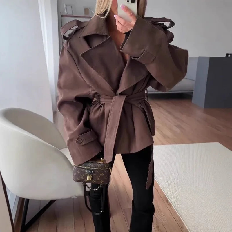 F nueva moda gabardina recortada con cordones para mujer solapa manga larga chaqueta cortavientos con hombros anchos chaquetas diarias para ir al trabajo en otoño