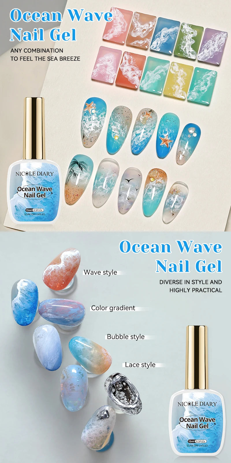 Esmalte de uñas en gel NICOLE DAIRY 15ml, efecto olas de mar, color blanco, para manicura de verano, barniz de uñas UV LED, gel removible para decoración de uñas.