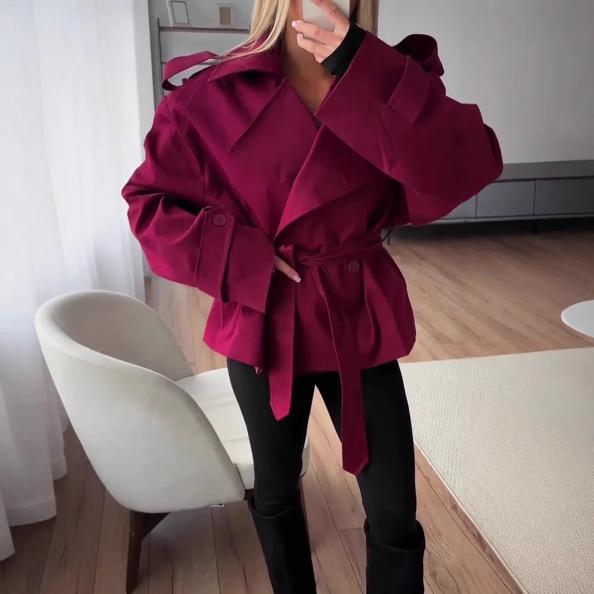 F nueva moda gabardina recortada con cordones para mujer solapa manga larga chaqueta cortavientos con hombros anchos chaquetas diarias para ir al trabajo en otoño
