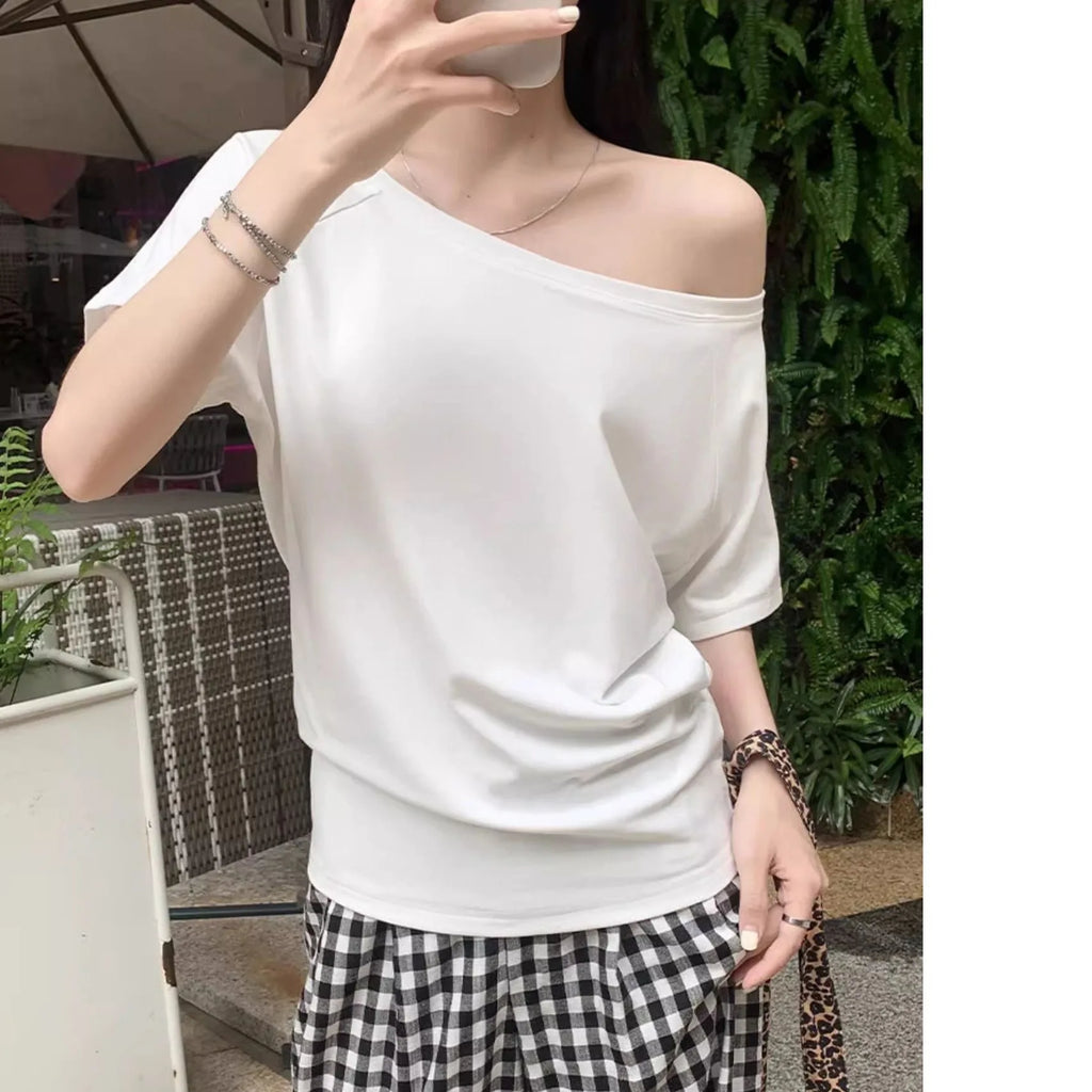 Otoño Invierno un hombro algodón manga larga hombro inclinado ropa de mujer estilo Interior ancho trufa hombro Base camisa