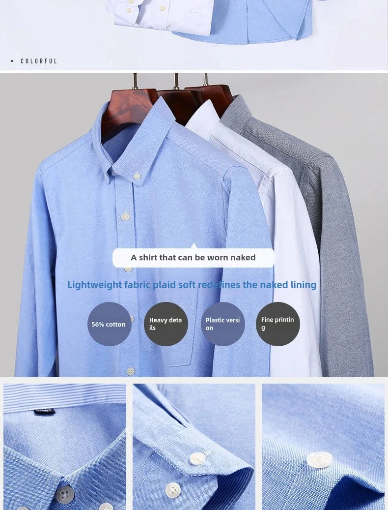 Camisa de Manga Larga para Hombre, Primavera, Verano, Otoño, Invierno, Oxford, Tejido Oxford, Corte Slim, Sin Plancha, Cómoda, Suave, Informal, a la Moda, Sencilla, para el Trabajo