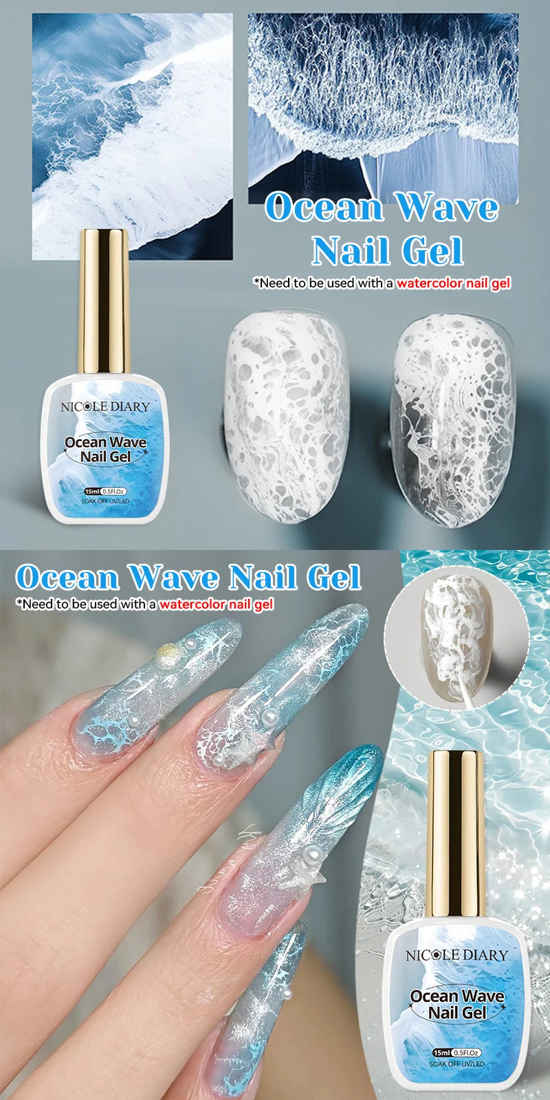 Esmalte de uñas en gel NICOLE DAIRY 15ml, efecto olas de mar, color blanco, para manicura de verano, barniz de uñas UV LED, gel removible para decoración de uñas.