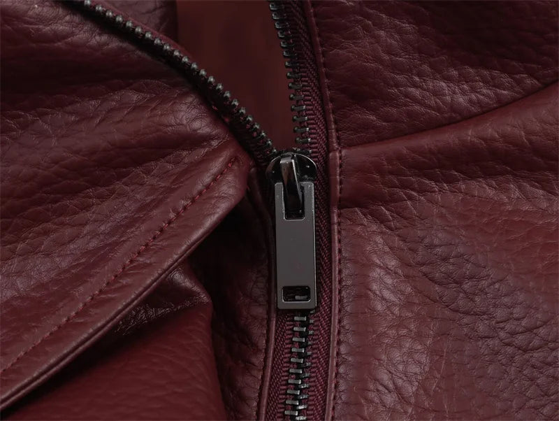 Chaqueta de Mujer Otoño 2026, Nueva Chaqueta Negra de Manga Larga de Cuero Sintético con Textura Granulada, Estilo Motociclista, a la Moda y con Personalidad