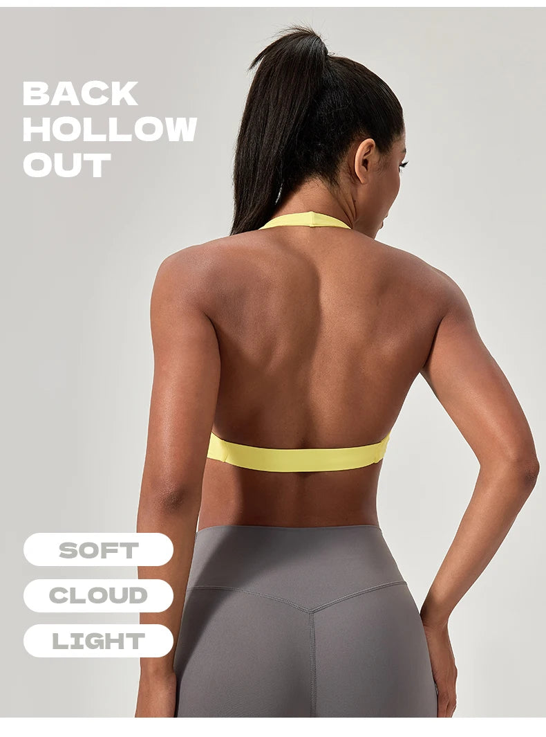 Sujetador deportivo de yoga para mujer, cuello halter con diseño de espalda elegante, sujetador de gimnasio sexy para correr, sujetadores deportivos de fitness