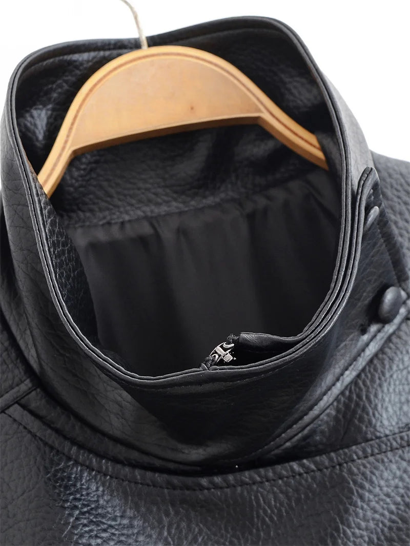 Chaqueta de Mujer Otoño 2026, Nueva Chaqueta Negra de Manga Larga de Cuero Sintético con Textura Granulada, Estilo Motociclista, a la Moda y con Personalidad