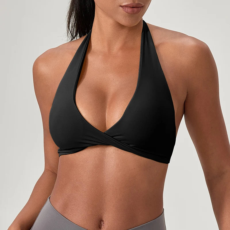 Sujetador deportivo de yoga para mujer, cuello halter con diseño de espalda elegante, sujetador de gimnasio sexy para correr, sujetadores deportivos de fitness