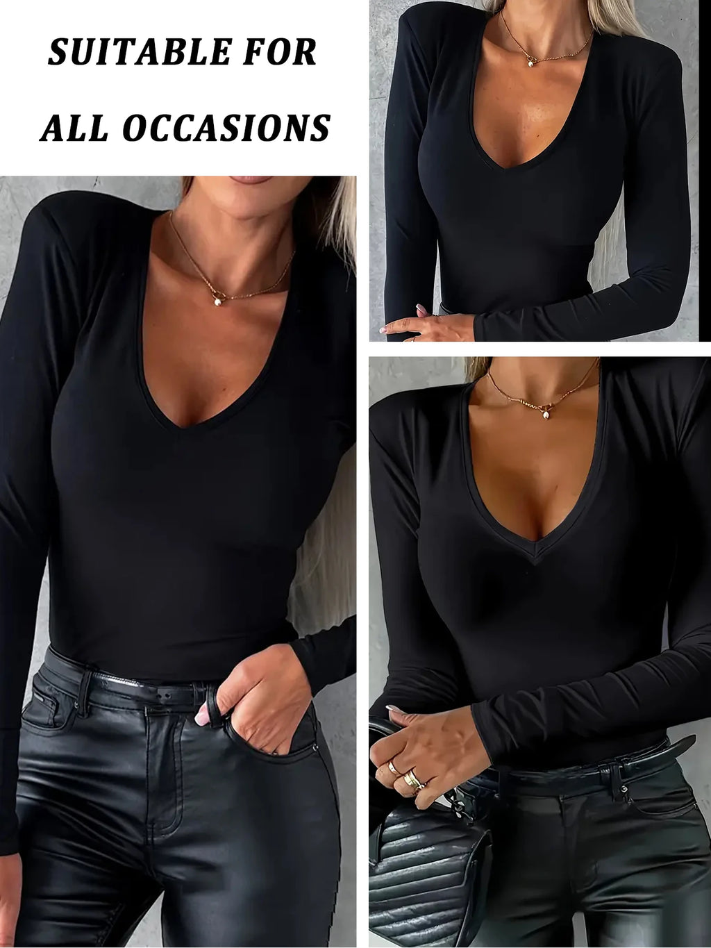 Camiseta de manga larga para mujer, cuello en V súper suave y muy elástico, ajuste para todas las estaciones