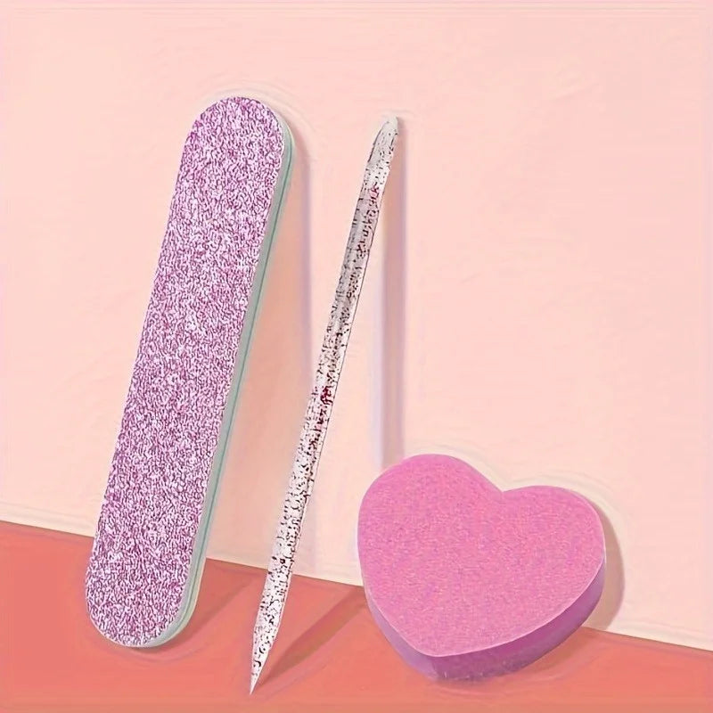 Set de 12 Piezas para el Cuidado de las Uñas con Brillo Rosa - Pulidor en Forma de Corazón, Varilla de Cristal y Lima de Doble Cara para Arte de Uñas y Pedicura