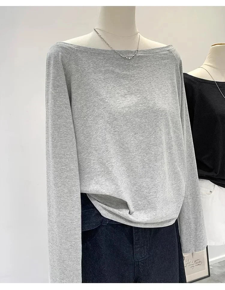 Otoño Invierno un hombro algodón manga larga hombro inclinado ropa de mujer estilo Interior ancho trufa hombro Base camisa